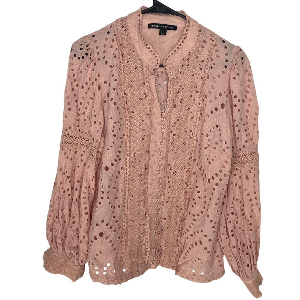 Boston Proper Womens Blouse Eyelet Lace Button S Boho Romantic Cottagecore - Picture 5 of 7